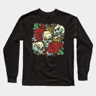 Skulls, Leaves and Roses design Long Sleeve T-Shirt